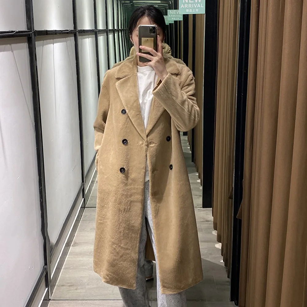 PB&ZA Women's Winter Coat Faux Fur Double-breasted Long Female Clothing Fluffy Overcoat Elegant Solid Casual Oversize Outerwear