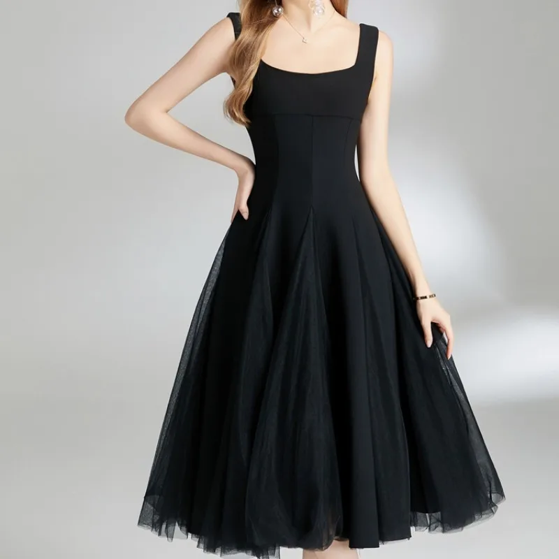 Женское вечернее платье с квадратным вырезом черное облегающее Сетчатое без