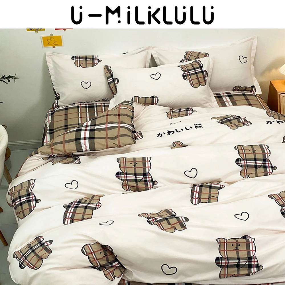 

Комплект постельного белья в клетку с медведем, Комплект постельного белья из 4 простыней размера Queen/King, с белыми простынями, размеры 150x200