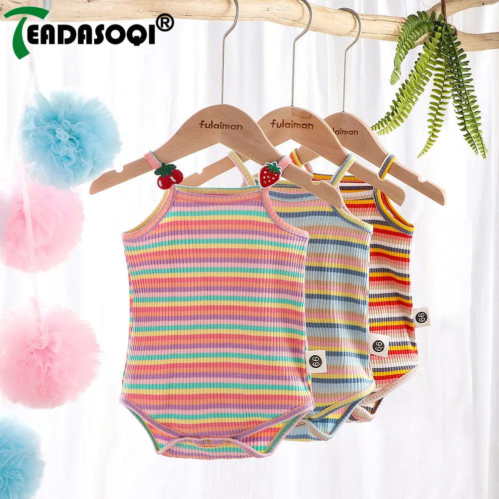 

New In Multicolor Stripe Summer Newborn Infant Sling Sleevless Striped 3D Wing Outfits Kids Baby Girls Cute Jumpsuits Bodysuits