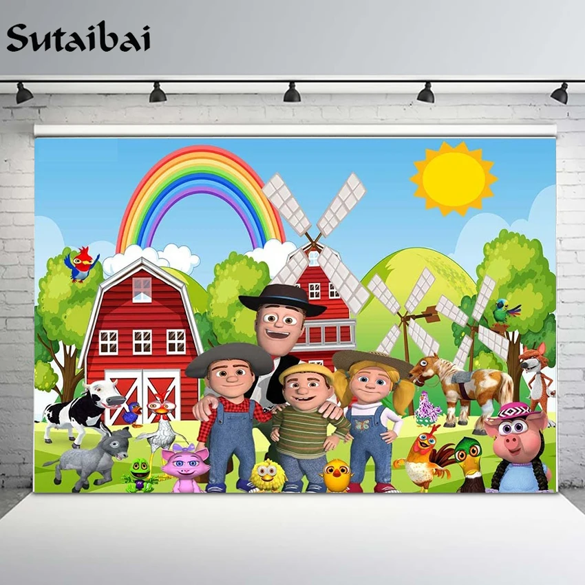 La Granja De Zenon Backdrop Happy Birthday Red Barn Farm Animals Background for Kids First Birthday Party Backdrop Spring Banner