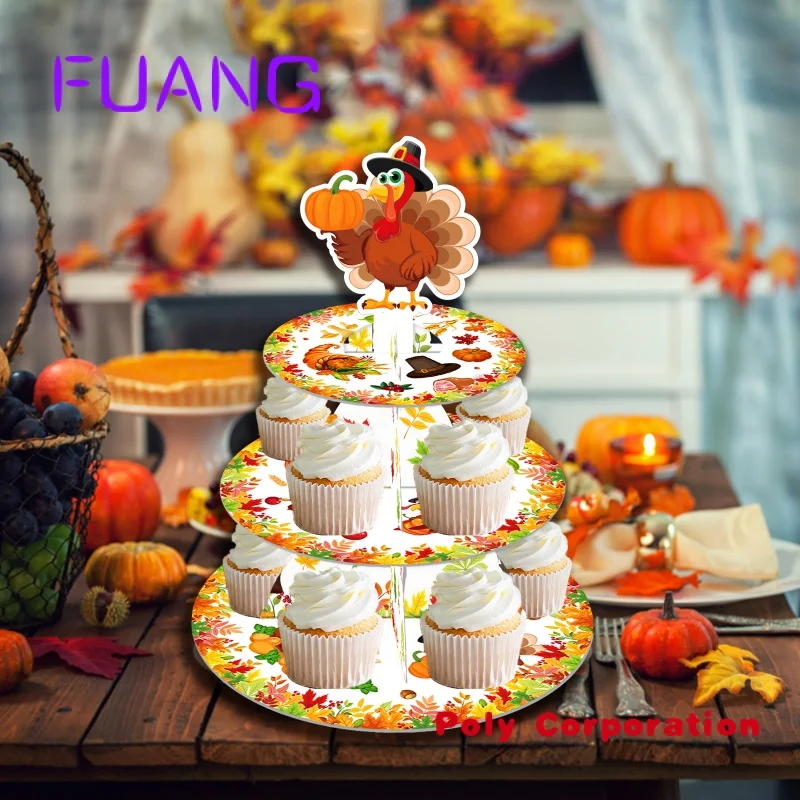 DT057 Thanksgiving Party Cupcake Stand Decorations Turkey Pumpkin 3 Tier Cake Stand Holder for Autumn Harvest Party Supplies