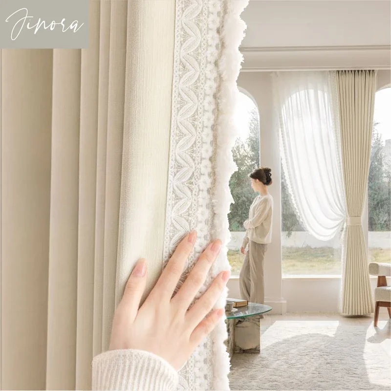 French cream style curtains for bedroom and living room high-end white cloud velvet thick chenille blackout customized