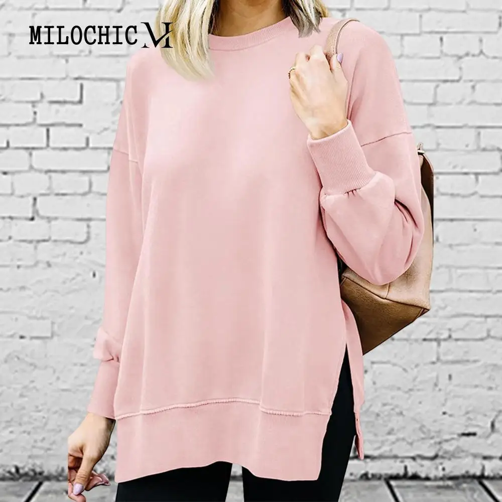 

Женские толстовки с длинными рукавами, однотонные классические толстовки, топ свободного кроя, теплые толстовки с круглым вырезом, женская повседневная одежда