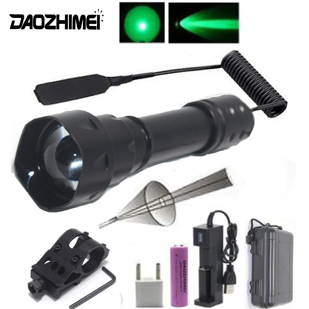 200 Yards T20 Tactical Zoomable Hunting Flashlight Torches Green Red White Light LED Rechargable Flashlights+18650+Charger