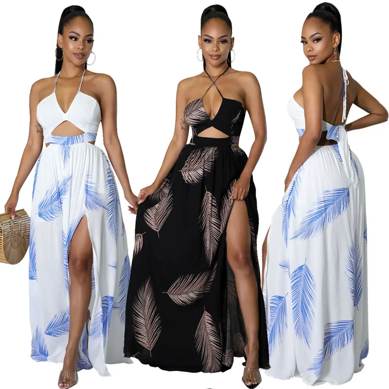 

SKMY Maxi Dresses For Women 2022 New Summer Beach Outfits Fashion Sexy Print Lace-Up Hollow Out Backless Halter Neck Dress