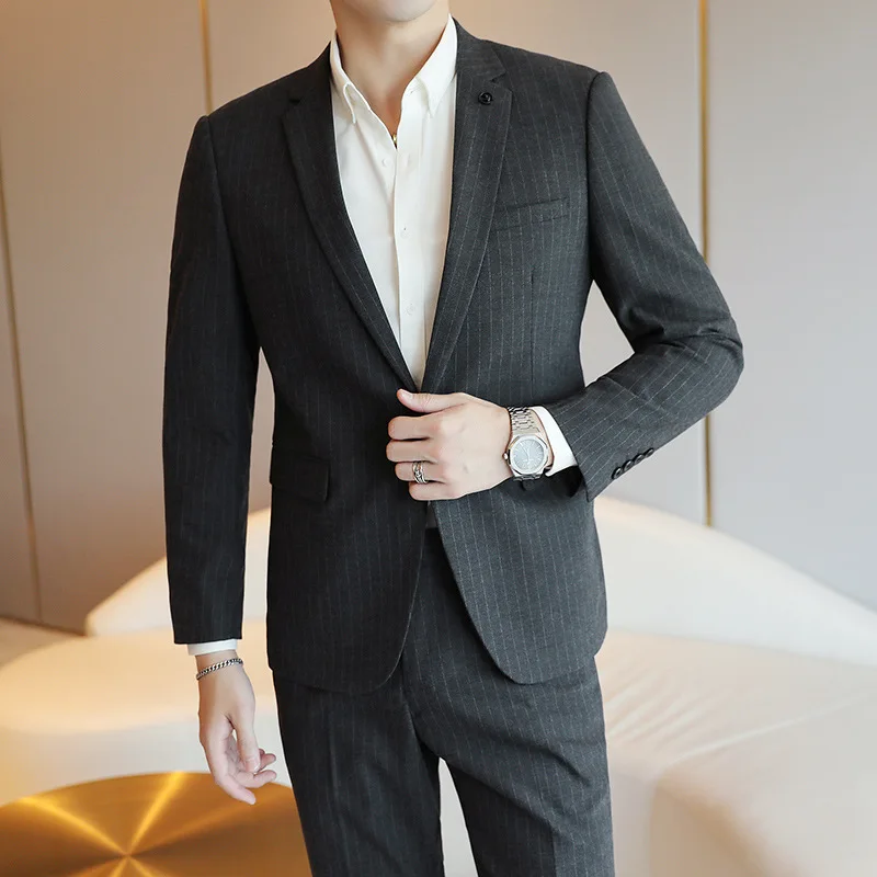 

2023 Large Size Foreign Trade Men's New Single-breasted Striped Suit Business Occupation Jacket Wedding Groomsmen Two-piece Suit