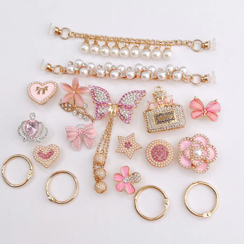 Luxury Brand Design Croc Charms Bling Rhinestone Butterfly Metal Decoration for Clogs Pearl Chain Charm Pink Bow Accessory Gift
