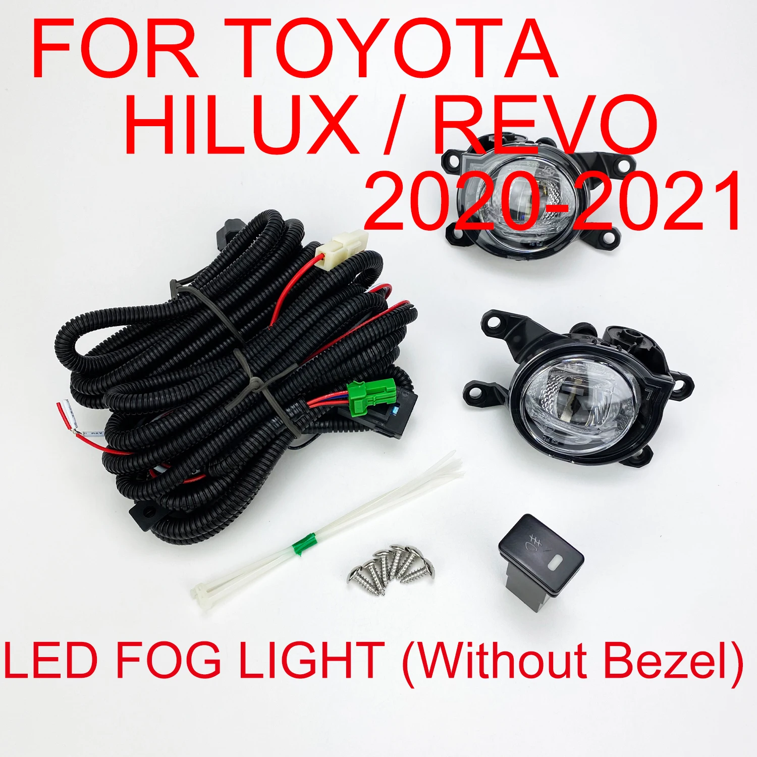 Фото Передние светодиодные противотуманные фары для Toyota Hilux Revo 2020-2021, правая + левая сторона, с переключателем, проводкой, прозрачные линзы, высокое качество №1
