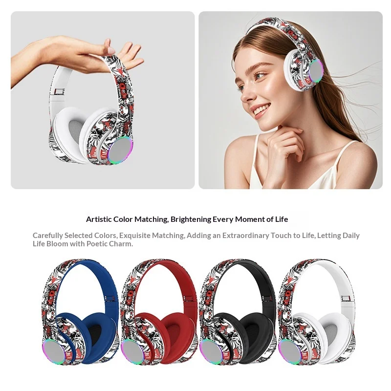 Фото Беспроводные наушники Fmouse Graffiti с Bluetooth 5.4, глубокой RGB-подсветкой, мягкими амбушюрами, совместимые с мобильными телефонами, для любителей музыки №2