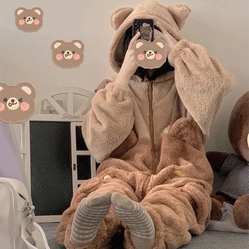 Bear Onesie Women's Plush Anime Cosplay Costumes Winter Flannel Animal Pajamas Long-Sleeve Sleepwear Cartoon Overall Homewear