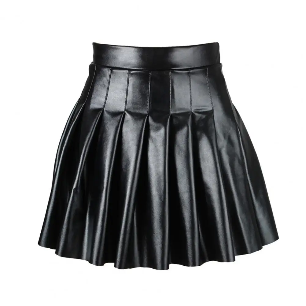 

High Waist Skirt Stylish Women's Faux Leather Pleated Skirt High Waist A-line Design Loose Hem Solid Color for Clubwear Parties