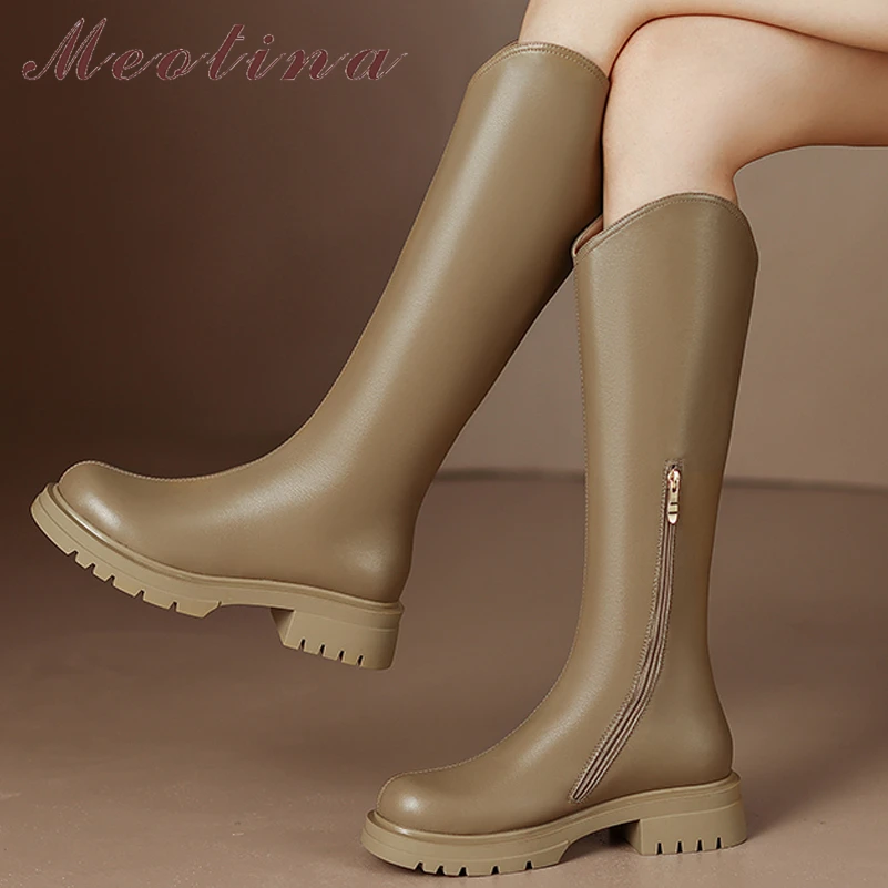 

Meotina Women Genuine Leather Western Knee High Boots Round Toe Platform Zipper Ladies Long Boot Autumn Winter Shoes Black Brown