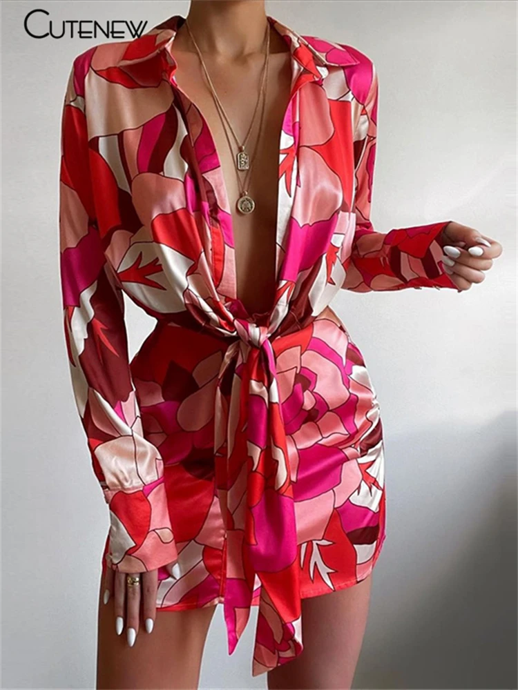 

Cutenew Sexy Low Cut Print Turn-Down Collar Blouse Dress Women Elegant Casual Long Sleeve Bandage Stretch Slim Lady Mini Dresses