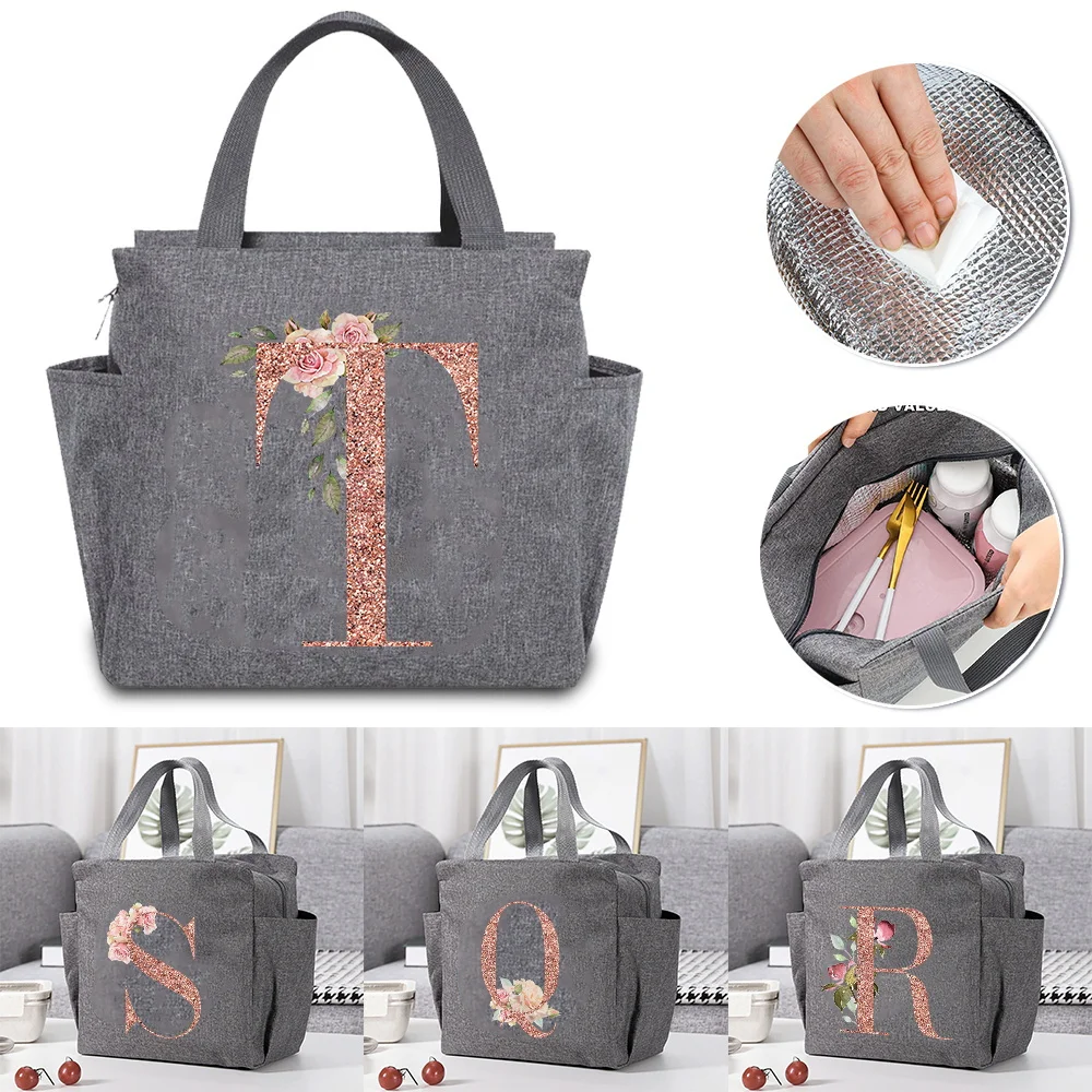 

Insulated Lunch Bag for Women Kids Cooler Thermal Pouch Rose Gold Letter Print Portable LunchBox Ice Pack Tote Food Picnic Bags