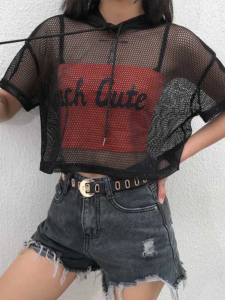 Womens Hollow Mesh Net Hooded T-Shirt Short Sleeve Tee Tops Transparent Black Swxy Clubwear Party