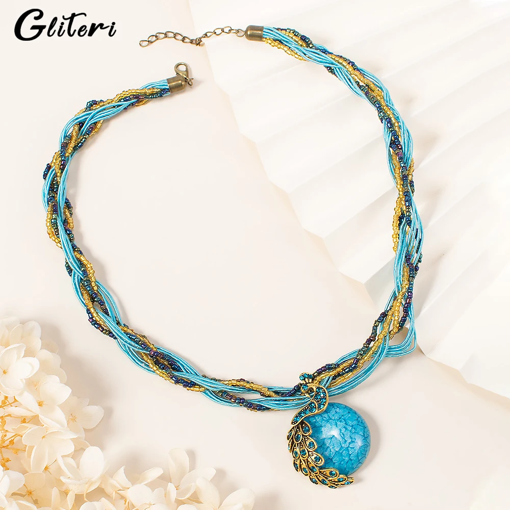 

Винтажное ожерелье GEITERI в стиле бохо с подвеской в виде павлина, ожерелье для женщин, Очаровательное украшение с бусинами из синего натураль...
