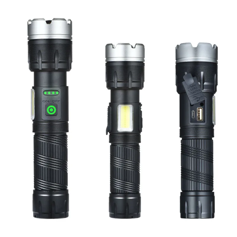 High Power LED Flashlights With zoom 18000 Super Bright Outdoor Long Shot Tactical Flashlights Emergency Power Bank XHP70