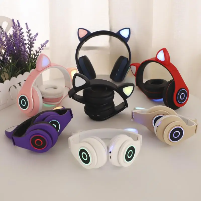 

For Xiaomi Huawei Wireless Headphone Led With Mic Earbuds Flash Light Stereo Music Earphone Cat Ears Headset
