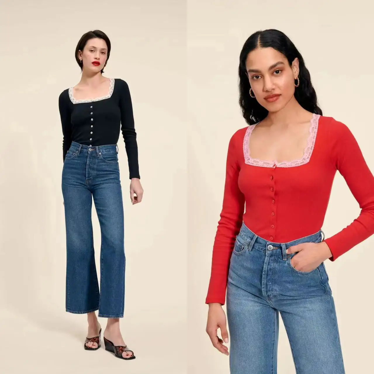 

2023 Spring and Summer New Products Square Collar Lace Stitching Slim Shell Button Long-sleeved Female Cardigan