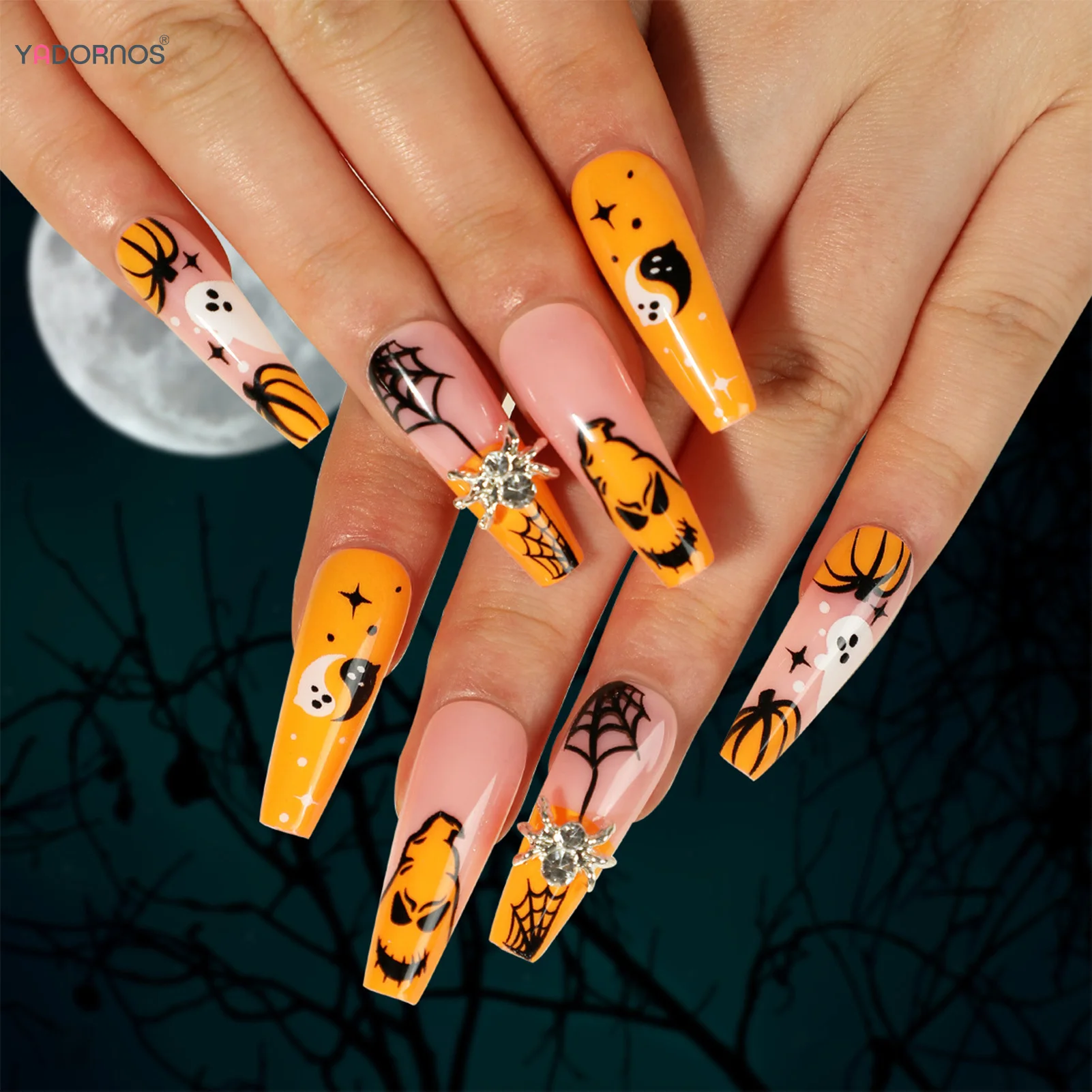 

24Pcs Halloween Long Coffin Press on Nails White Ghost Spooky Pumpkin Wearing False Nails Full Cover Ballet Artificial Fake Nail