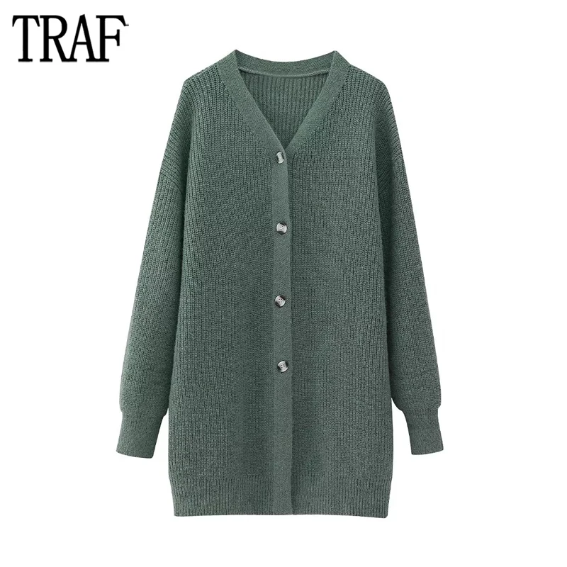 

TRAF Green Long Cardigan Women Knitted Oversize Sweater Woman Long Sleeve Button Cardigans for Women 2023 Autumn New Knitwears