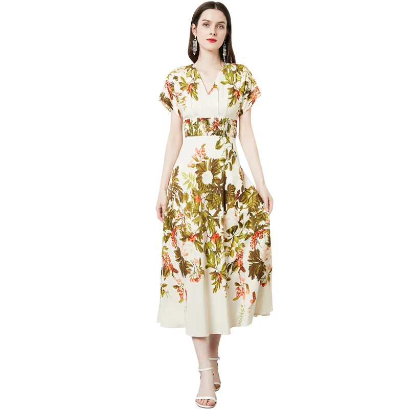 

2022 Spring and Summer New Style Light and Familiar Temperament V-neck Short-sleeved Dress Waist and Thin Printed Long Dresses