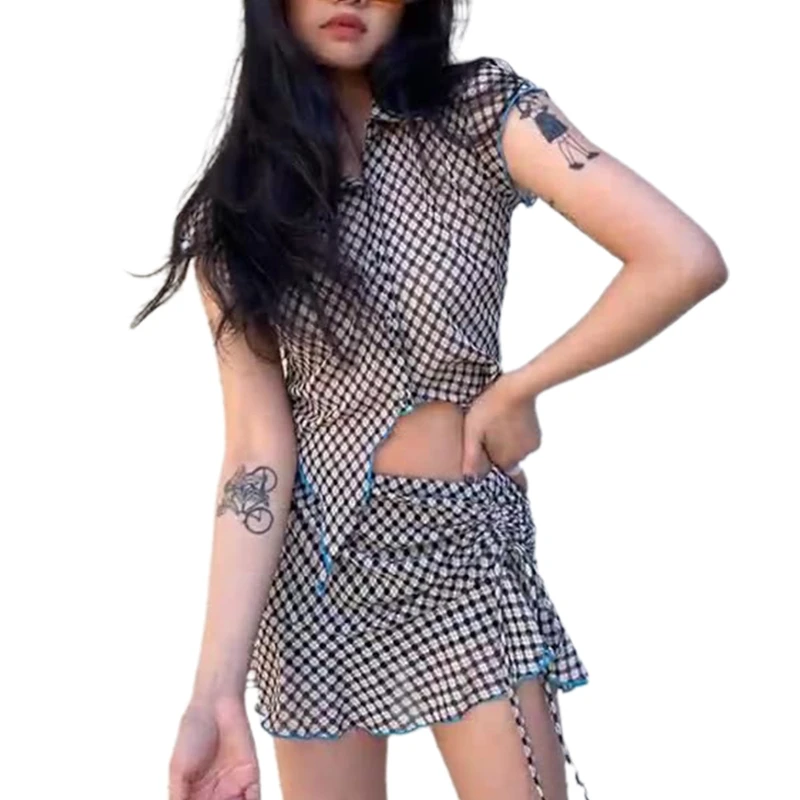 

Women Printing 2 Piece V-neck Crop Tops T-Shirt Mini Skirt Set Sexy Party Bodycon Dress Shirts Camisole Elegant Outfits T8NB