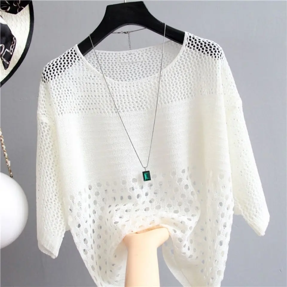 New High-quality Soft O-neck Hollow Cut Solid Color Spring Summer Slim Half Sleeve Sweater Thin Pullover Loose Blouse Women Tops