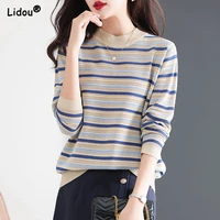 vintage loose fitting pullovers 2022 korean new popularity spring autumn o neck striped all match leisure womens clothing trend