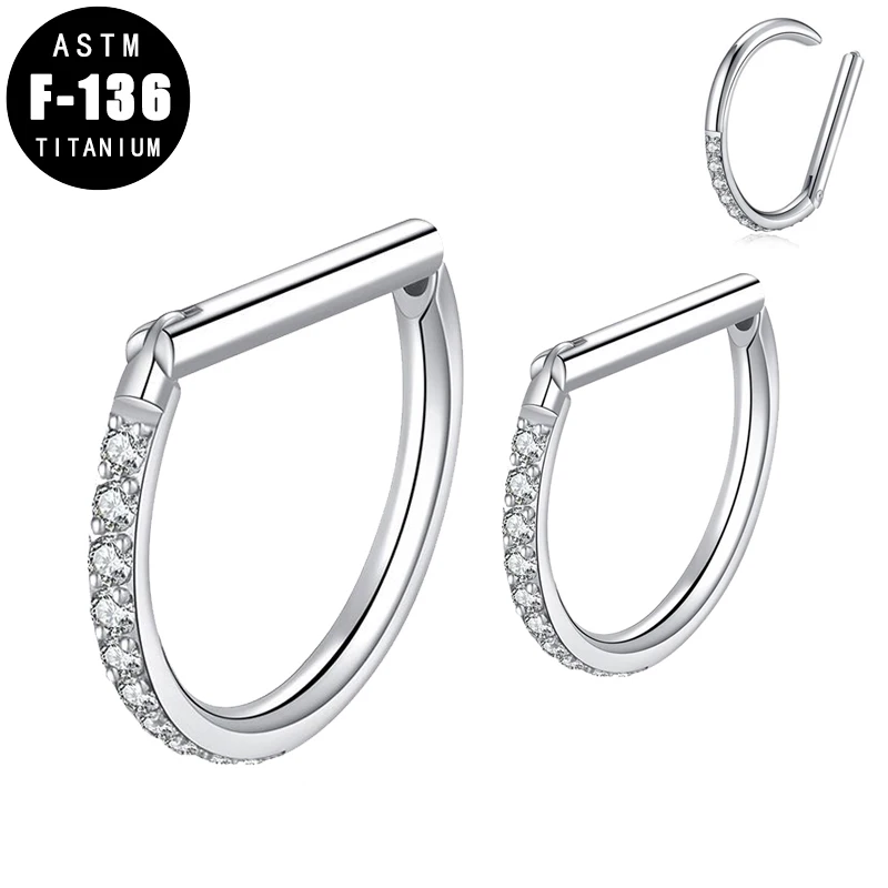

ASTM F136 Titanium Septum Clicker Piercing Nose Ring D Shape Zircon Paved Ear Cartilage Tragus Helix Lip Segment Ring Jewelry