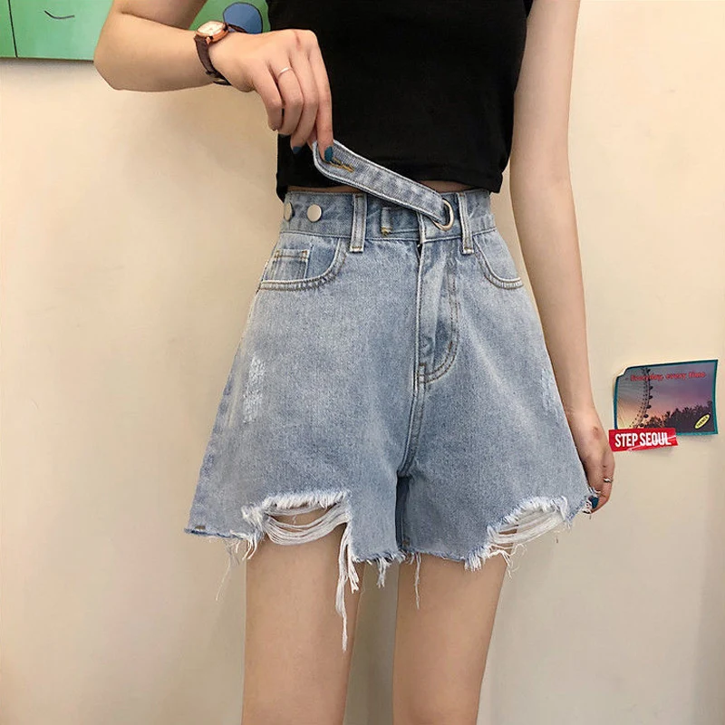 Trend Blue Perforated Denim Shorts Summer New Vintage High Waist Loose Wide Leg Pants Fashion Casual Women Clothing