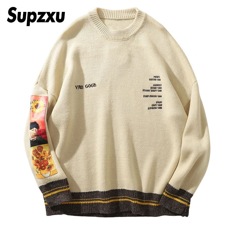 Supzxu Van Gogh Sleeve Patchwork Pullover Knit Sweater 2019 Mens Hip Hop Embroidery Crewneck Knitwear Sweaters Streetwear Tops