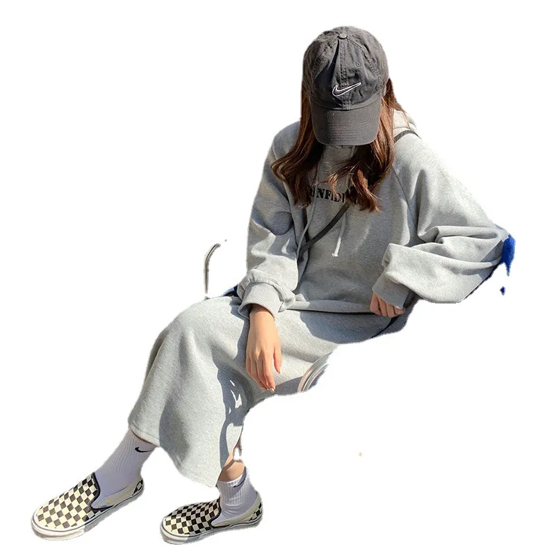 Осень-зима теплое новое женское платье с длинными рукавами и шляпой толстовки