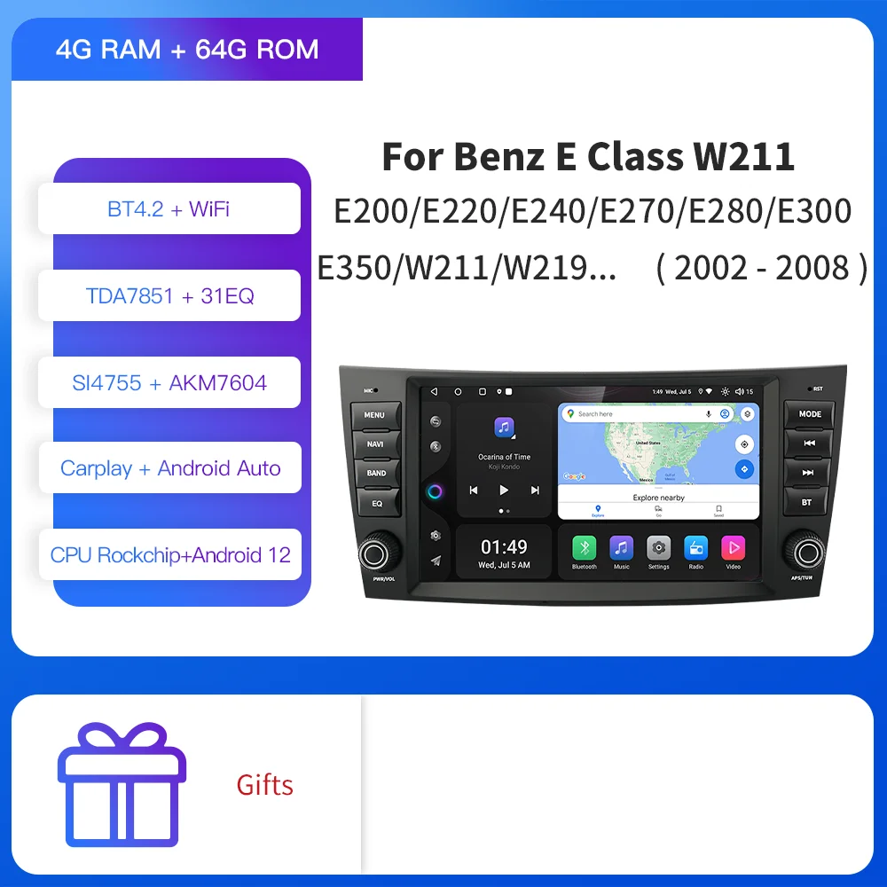 

Автомобильный навигационный плеер Kapud Android 12, радио GPS для Mercedes Benz E-Class W211 E200 E220 E240 E280 2002-2008 CarPlay AUTO SWC