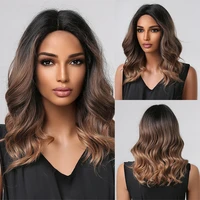 black brown ombre synthetic wigs medium wavy hair wigs for black women heat resistant cosplay daily fashion middle part wigs