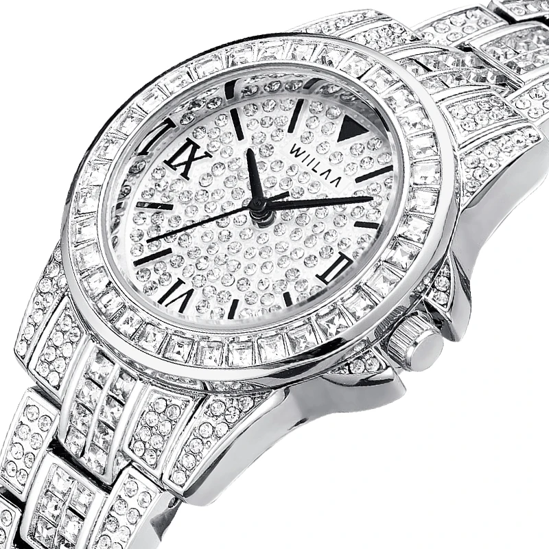 WIILAA Watch For Women Luxury Brand Full Diamond Ladies Quartz Wristwatches Clock White Steel Strap Fashion Waterproof Watches enlarge