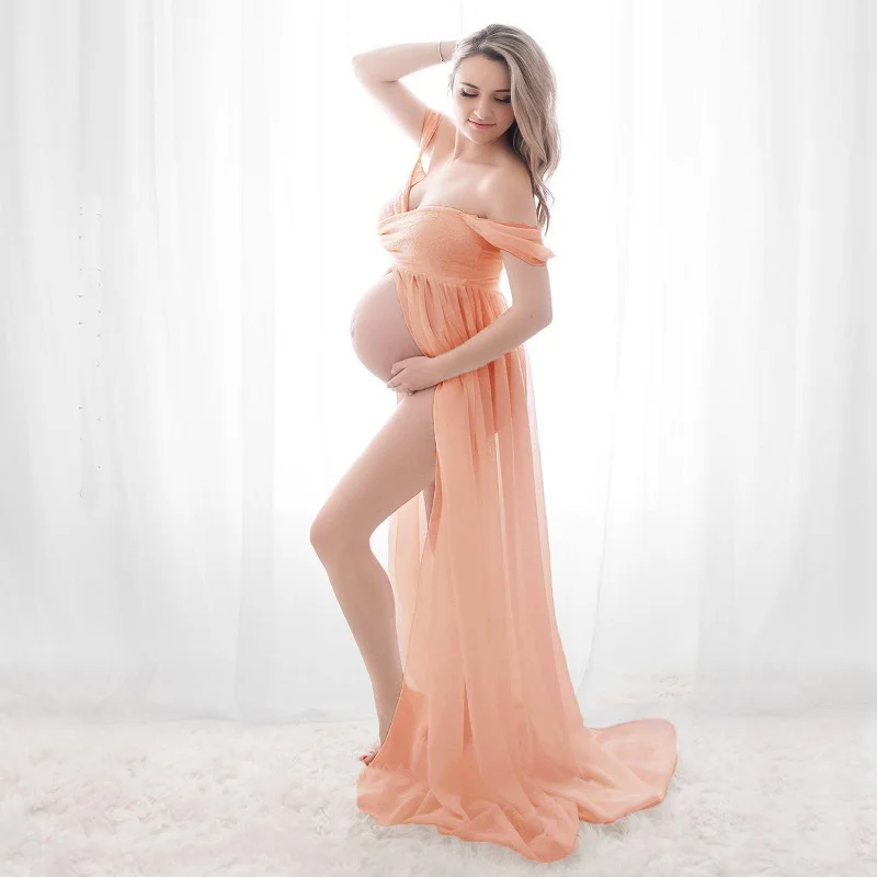 Maternity Dress for Photography Off Shoulder Chiffon Gown Split Front Maxi Pregnancy Dress Photoshoot Lace Long Strapless Dress enlarge
