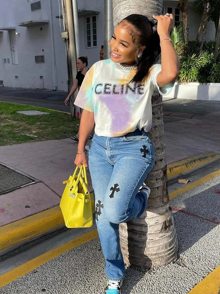 Casual Cross Printed Baggy Jeans Women Low Waist Vintage Straight Denim Trousers Cyber Y2k Goth Pants Fashion Mom Jeans