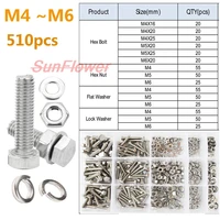 510pcsset external hex bolt set with nuts washers stainless steel m4m5 m6 bolts and nuts set hexagon head screw kit for bicycle