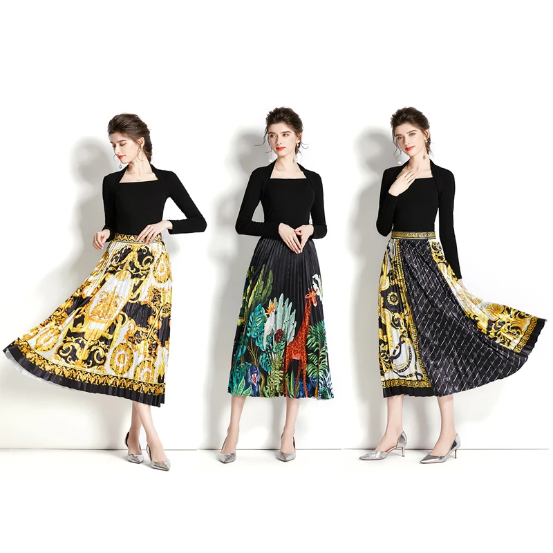 

Elegant slim two-piece women's fashion basics printed bouffant dress autumn and winter long sleeve sweater set long party dress