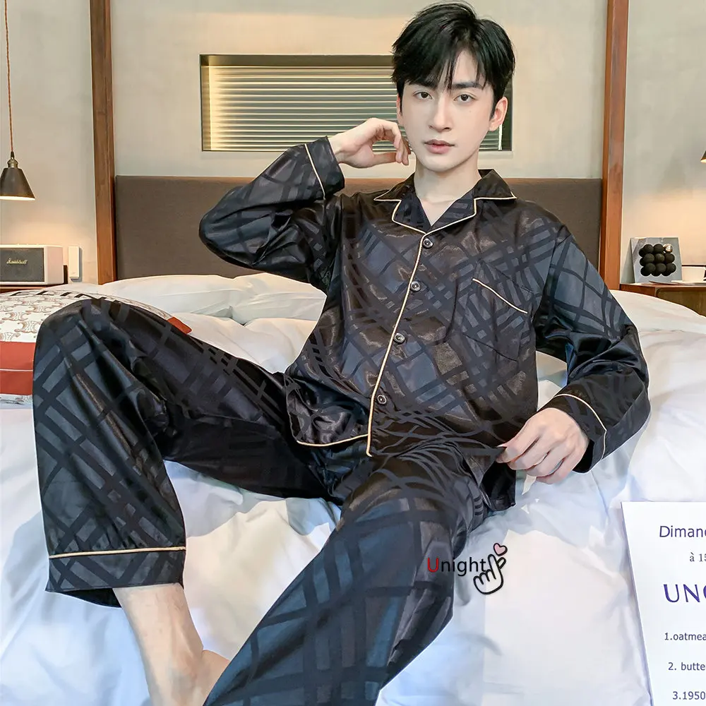 Men Silk Satin Pajamas Sets Long Sleeve Pyjamas Suit Sleepwear Pijama Men Loungewear Plus Size Set L-5XL Sleepwear Set Nightwear