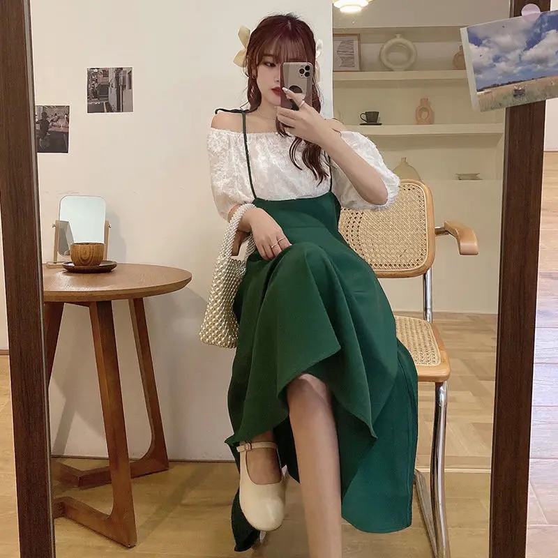 

Женский костюм из двух предметов, топ с открытыми плечами и коротким рукавом и свободная юбка, большие размеры, Y147, весна-лето 2022