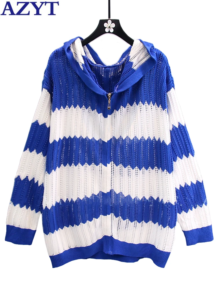 

AZYT Hollow Out Hooded Women Sweater Cardigan Fashion Stripe Knitted Cardigan Jacket Female 2022 Autumn Loose Knitwear