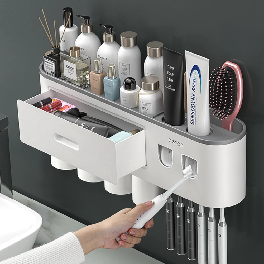 

Toiletries Set Toothbrush Holder Multiple People Wall Automatic Toothpaste Squeezer Dispenser Storage Rack Bathroom Accessories