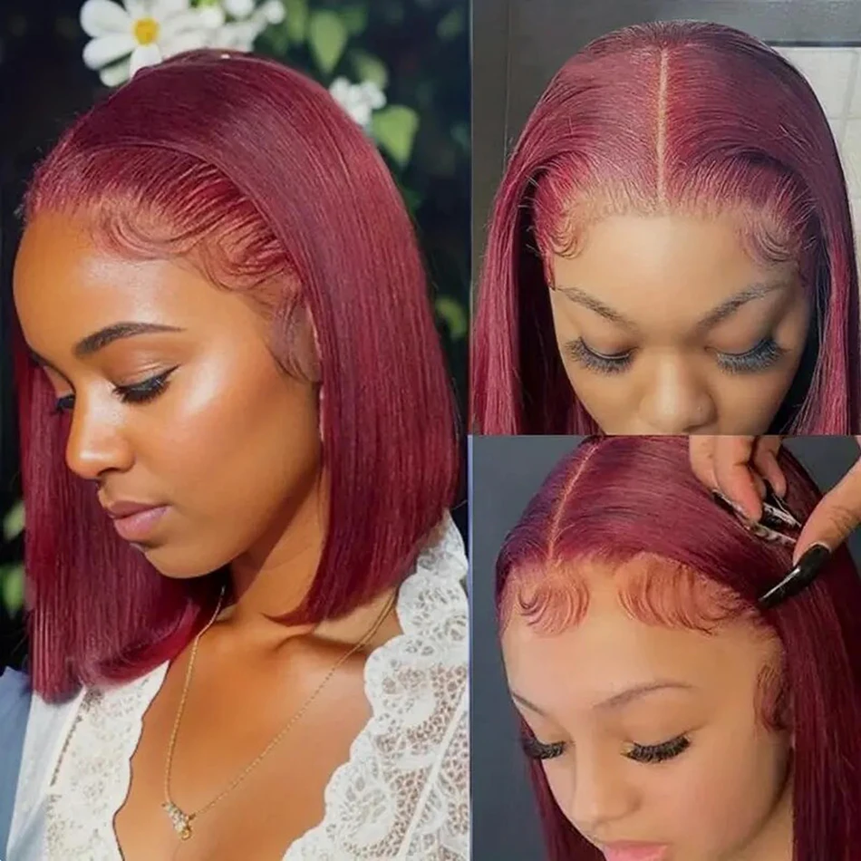 GURENYUN 99J Бордовый Боб Парик Шнурка Бразильские Волосы Реми 180% Плотность Среднего