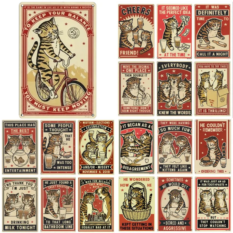 

Everybody Cheers Drunk Dinner Pet Cat Vintage Metal Poster Hide In The Box Cats Retro Tin Signs Wall Art Plaque Bar Club Borden