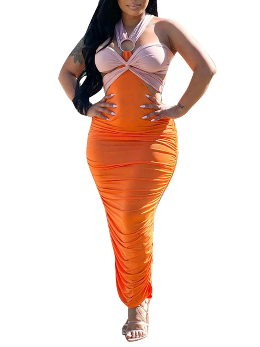 

Women Summer Sleeveless Ruched Bodycon Slim Fit Contrast Color Tie Up Hollow Out Long Dresses