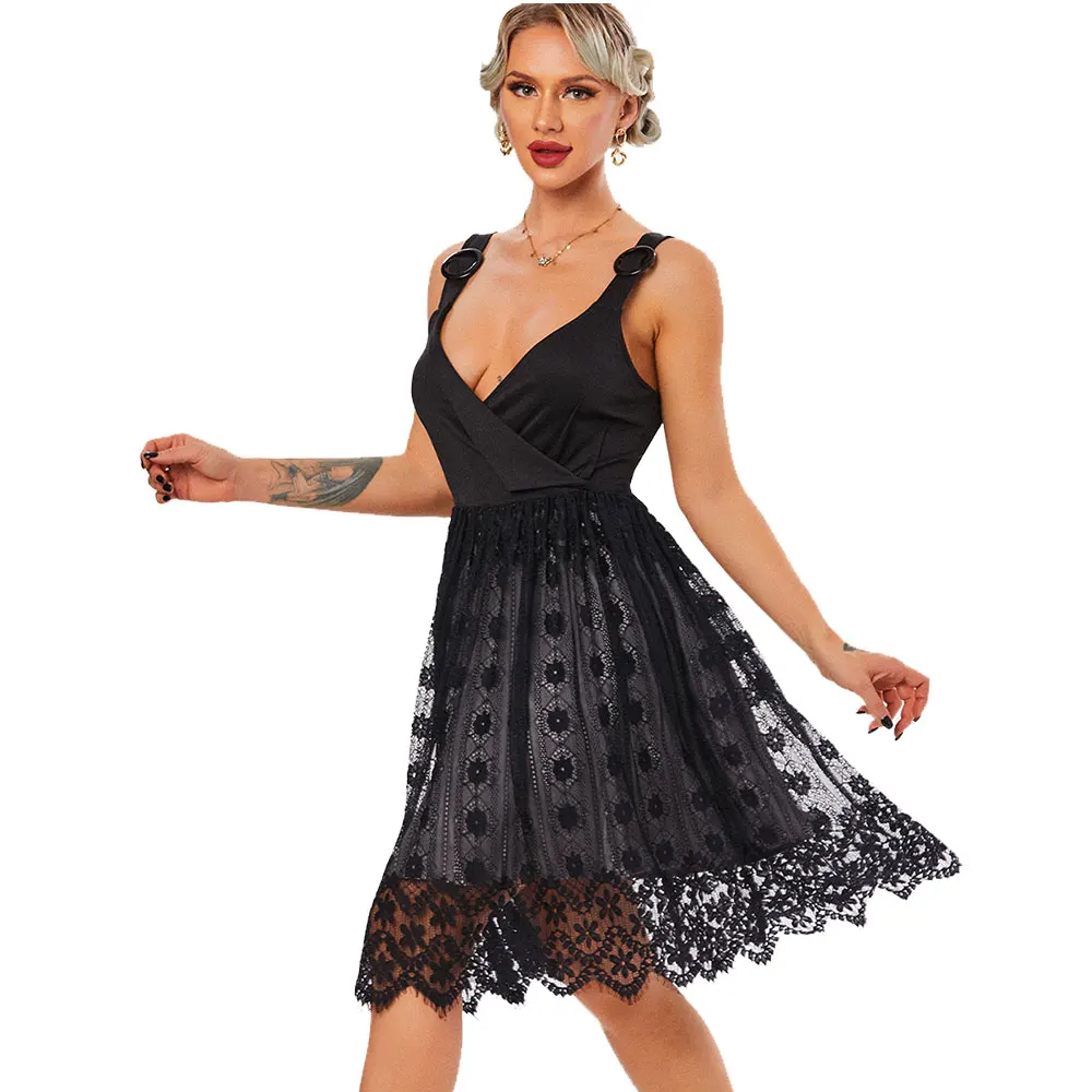 

Dressfo Black Gothic Dress Lace Trim High Waist Bodycon Mini Dress O Rings Surplice Summer Vintage Punk Harajuku Lolita Clothes