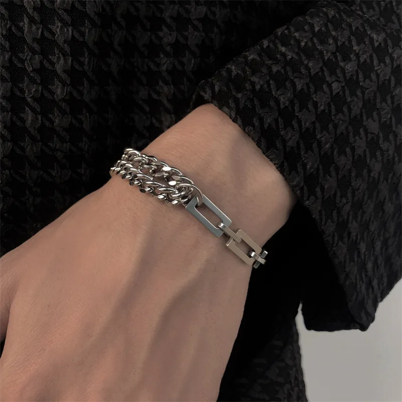 

Fashion European Layered Stainless Steel Cuba Chain Bracelet for Men Fadeless Asymmetric Square Chain Bracelet Men Jewelry DS-01